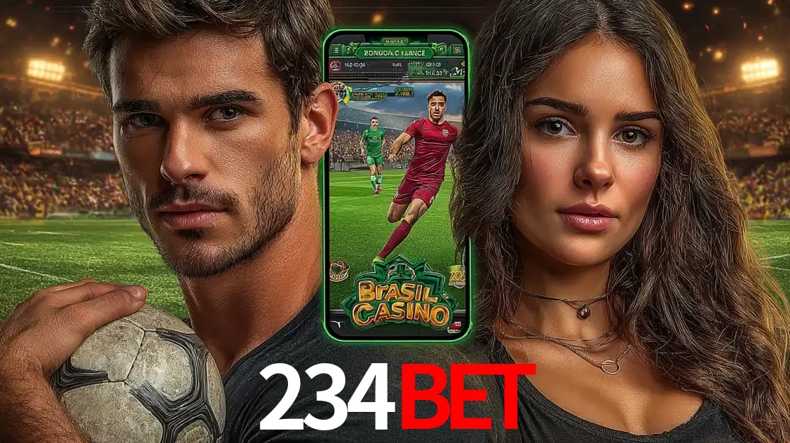 Homem segurando uma bola de futebol e uma mulher ao lado de um smartphone exibindo o jogo de apostas esportivas da 234BET. Faça seu palpite no cassino online.